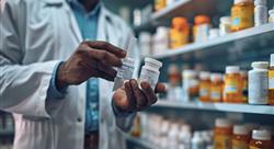 Pharmacist selecting prescription bottles while working in a pharmacy, surrounded by shelves